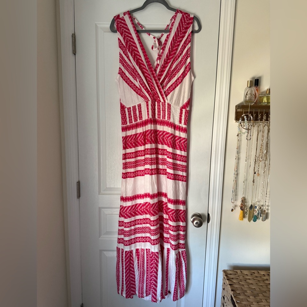 Venus Lascana Pink/Red and White Sleeveless Cross-front Maxi Dress Plus Size 1X